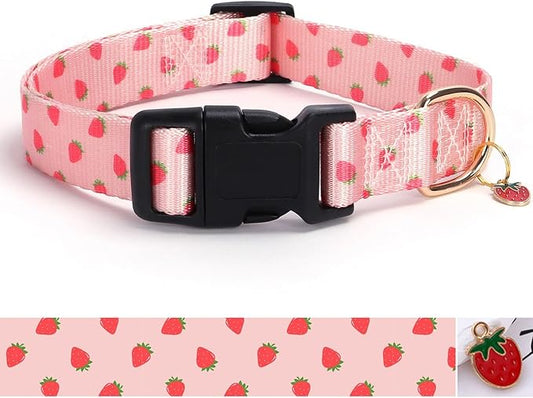 Pink Strawberry Pattern Dog Collar with Buckle Adjustable Safety Nylon Collars for Small Medium Large Dogs, Cute Stylish Girl Boy Christmas Dog Collar(Pink Strawberry,XL)