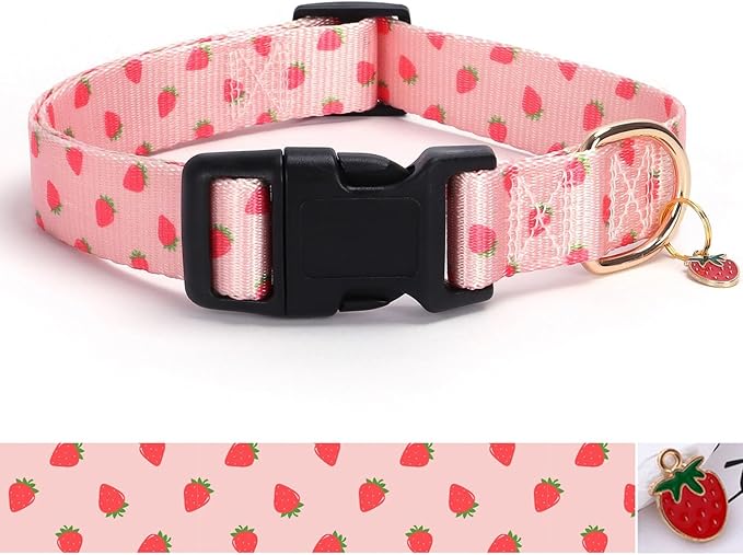 Pink Strawberry Pattern Dog Collar with Buckle Adjustable Safety Nylon Collars for Small Medium Large Dogs, Cute Stylish Girl Boy Christmas Dog Collar(Pink Strawberry,XS)