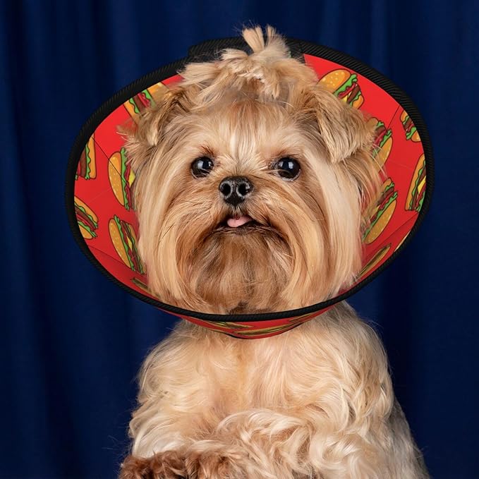 Dog Cones for Puppies and Kittens After Surgery, Stop Licking with Adjustable Elizabethan Collars, Suitable for Small Medium Large Dogs, Burger Hamburger Pattern Red