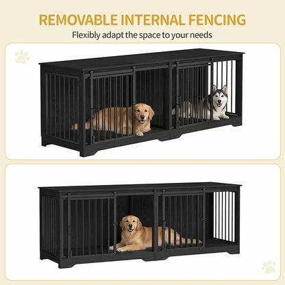 Hzuaneri 78" Dog Crate Furniture for 2 Dogs, Double Dog Cage with Divider, Wooden Heavy Duty Dogs Kennel, Pet Cage with Barn Door, TV Stand for Large Small Medium Pet, Black DFC83704B