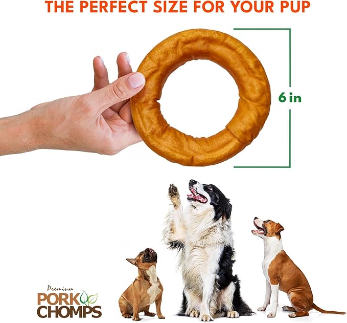 Pork Chomps Roasted Pork Skin Dog Chew, 6 Inch Bagel, 1 Count - Long-Lasting Treats for Dogs - High Protein, Rawhide-Free, Low Fat, Healthy & Delicious Chews