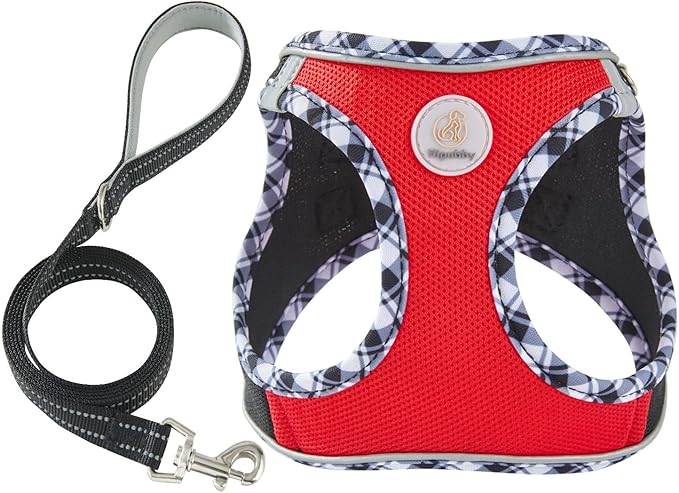 Hipubby Dog Harness Small Sized and Leash Set, No Pull Soft Mesh Puppy Vest, Reflective Breathable Lightweight Pet Harness, Harness for Small Medium Dogs and Cats - Black Red, XS