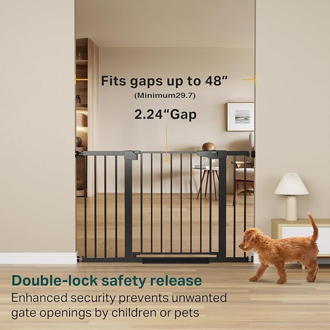 Cumbor 2-Pack Baby & Dog Gates Bundle, 29.7-48" & 30.4-56.8" Extra Wide Safety Gates for Stairs Doorways Hallways, Dual Lock Auto Close Easy Install Pet Gate, Black