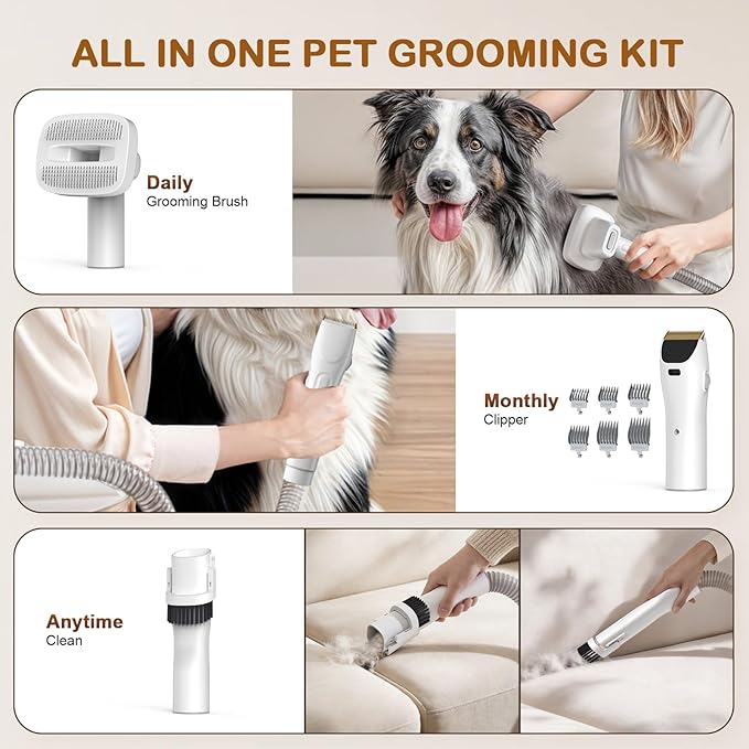Dog Grooming Vacuum, Dog Grooming Kit with Pet Clipper Nail Grinder, 3 Suction Modes Dog Brush Vacuum with 6 Pet Grooming Tools (White)