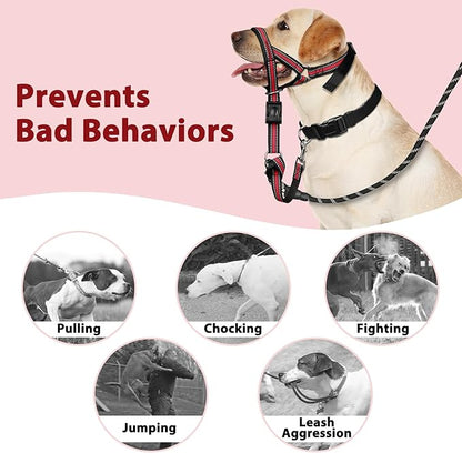 BARKLESS Soft Dog Head Collar, Patented Padded No Pull Head Halter, Training Nose Leash with Safety Link for Medium Large Dogs, Adjustable Muzzle Leash, Easy Control for Walking (L, Red)