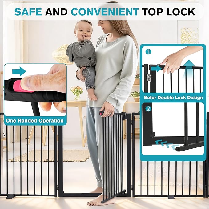 Snagle Paw Extra Wide Dog Gate,Free Standing Dog Fence with Door, Up to 208 Inch Wide Pet Gate with Support Feet for Stairs, Hallways, Doorways, Yard (Black, 8 Panels)