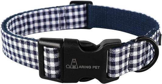 ARING PET Dog Collar, Cute Adjustable Comfortable Cotton Navy White Plaid Pet Collars for Small Medium Large Male Female Boy Girl Dogs-Large