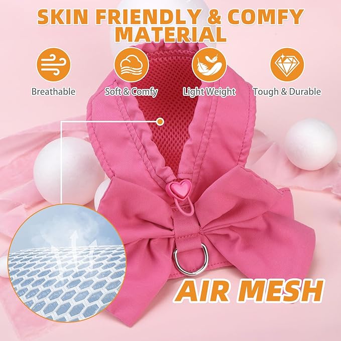 KOOLTAIL Cute Cat Harness and Leash Set with Bowtie, Small Dog Vest Harnesses for Girl Outfit, Step in No Pull Soft Mesh Padded Adjustable Pet Harness for Extra-Samll Medium Puppy Kitten, Pink XS
