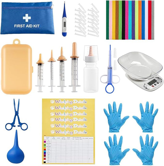 52pcs Puppy Whelping Supplies,Whelping kit,Puppies Birth,Kitten Dog Supplies,Puppy kit,Bottle Feeding kit for Newborn Puppy, Puppy Whelping Collars,Tube,Cord Clamps,Gloves,Digital Thermometer Scale