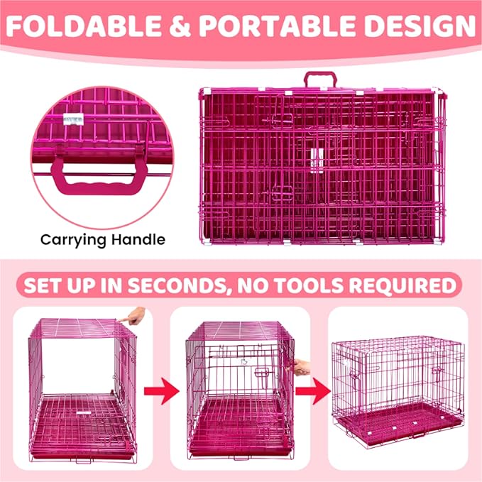 HOMEY PET 30 Inch Pink Dog Crate, Cute Dog Cage Medium Sized Collapsible Small Dog Kennel Indoor Nano-Coated Metal Wire Dog Crate with Removable Floor Grid Tray, Double Doors Dual Locks, Handle