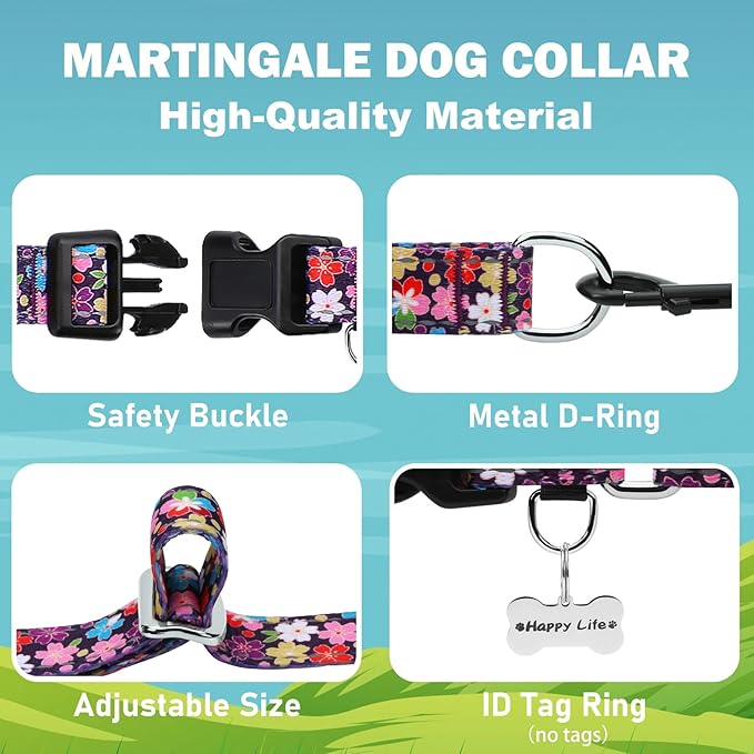 Reflective Martingale Collar for Dogs with Buckle Pretty Fancy Female Floral Dog Collars (Japanese Blossoms, Large)