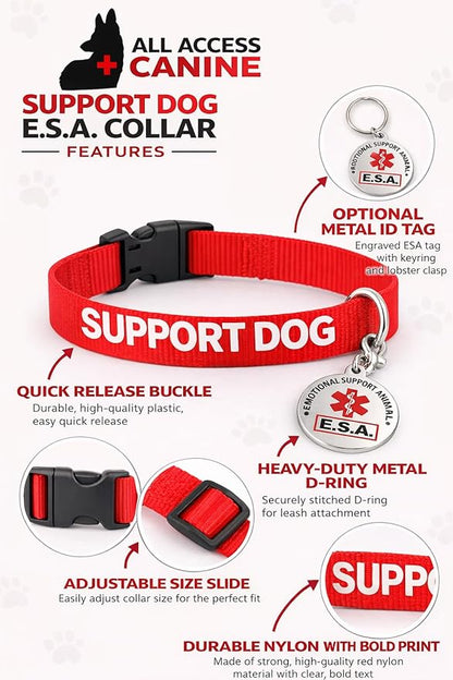 Service Dog and Emotional Support Animal ESA Collar with Metal Collar Tag (Support Dog (Collar and tag), M)
