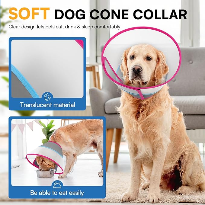 Queenmore Soft Dog Cone Collar for Dogs and Cats After Surgery, Flexible Plastic Cone for Dogs, Dog Recovery Collar, Elizabeth E-Collar Pet Head Cones for Neutering Spay Injury, Rose Red Medium