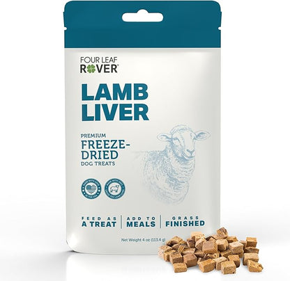 FOUR LEAF ROVER Lamb Dog Treats - Grass Finished New Zealand Lamb Liver - Raw Freeze Dried Single Ingredient, No Additives - Made in USA - 4 Oz Bag