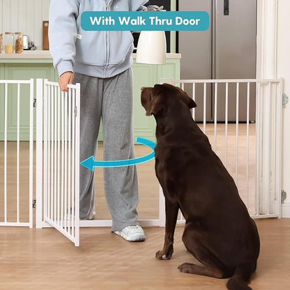 No Pawblems Free Standing Dog Gate with Door, 30'' Tall Foldable Dog Fence for Indoor & Outdoor, Up to 156 Inch Extra Wide Puppy Gate for Stairs, Hallways, Doorways, Deck, Yard (White, 6 Panels)