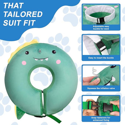 Dog Cone Inflatable Widen Dog Neck Donut Collar, Soft Cone Alternative After Surgery for Large Medium Small Dogs to Stop Licking, Dinosaur, Medium