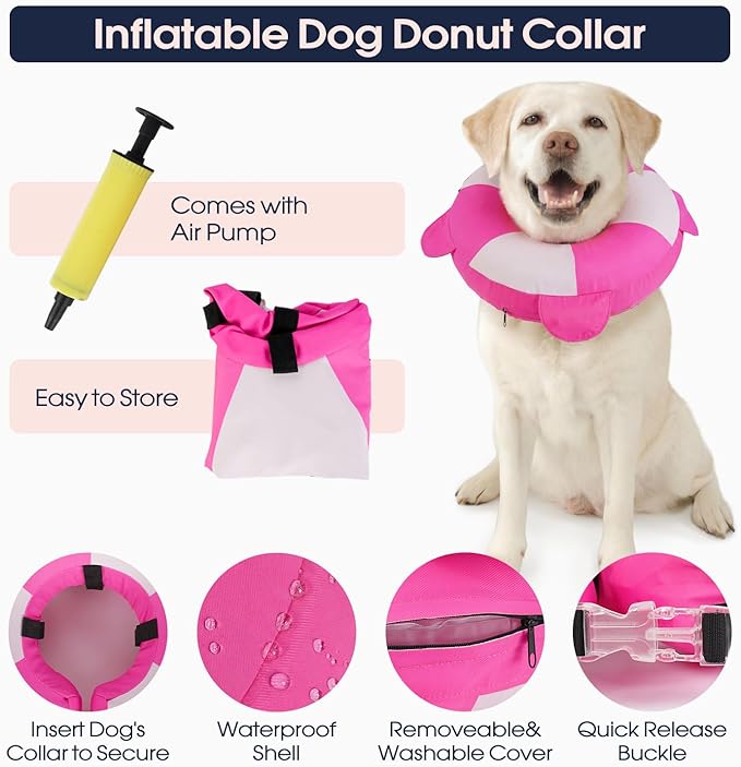IECOii Inflatable Dog Pillow Cone Collar Alternative, Adjustable Neck Donut Cone for Dog After Surgery Prevent from Biting & Licking, Soft Blow Up Dogs Head Cone Recovery E Collar for Medium Dogs, L