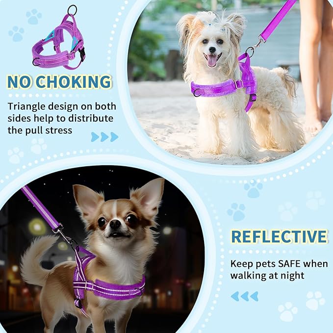 Lukovee No Pull Dog Harness and Leash Set, Soft Padded Small Dog Harness, Neck & Chest Adjustable Reflective Vest Puppy Harness with 4ft Lightweight Anti-Twist Dog Leash for Small Dogs (Purple, L)