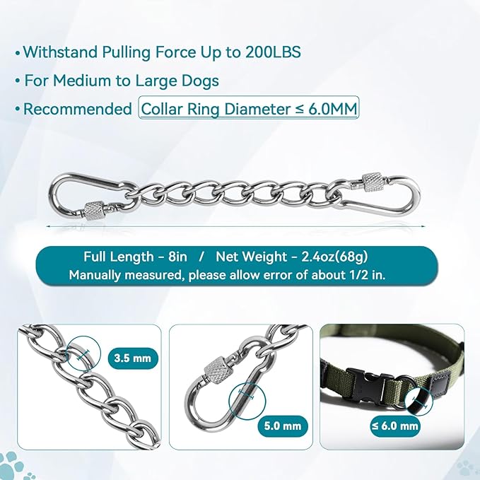 Dog Collar Safety Clip, Chew Proof Prong Collar Double Ended Backup Clasp Stainless Steel, Heavy Duty Dog Chain Leash Connector for Harness, Pinch, Gentle Lead with Carabiner, 8in