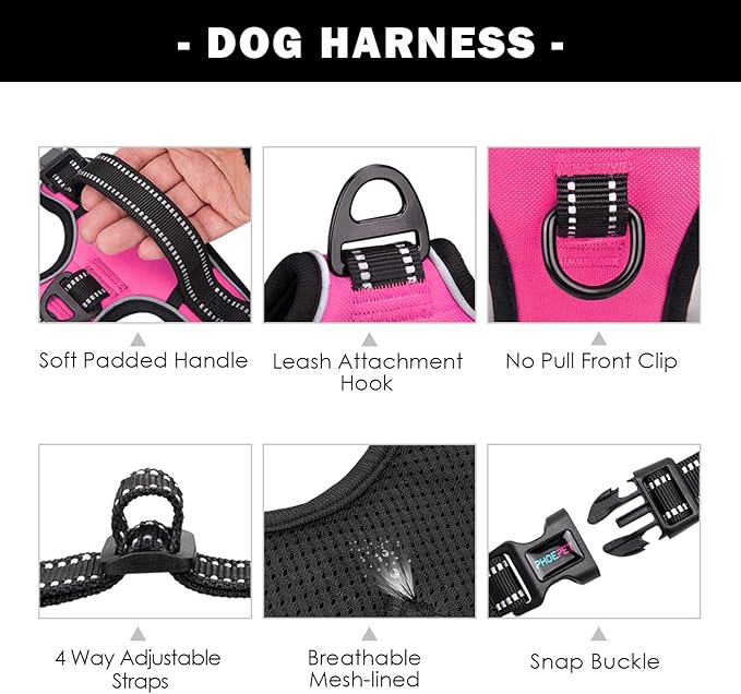 PHOEPET No Pull Dog Harnesses for Small Dogs Reflective Adjustable Front Clip Vest with Handle 2 Metal Rings 3 Buckles [Easy to Put on & Take Off](XS, Pink)