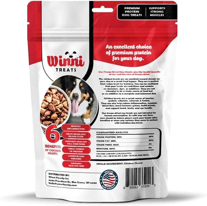 Winni Treats Freeze Dried Chicken Hearts for Dogs - Single Ingredient, Preservative-Free, Premium Chicken Hearts, High in Protein for Strong Muscles, Low in Fat, Healthy Dog Treats (3.75 Ounces)
