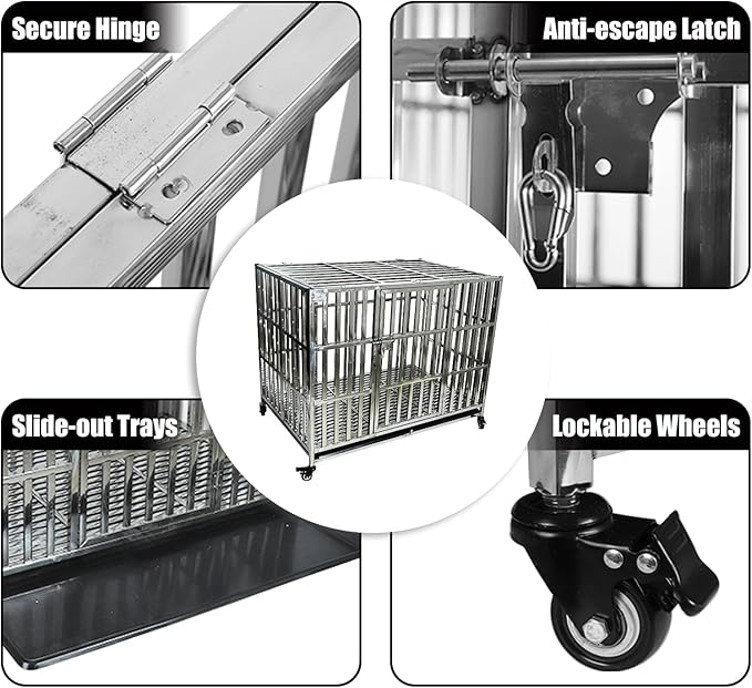 Confote 37/47 Inch Heavy Duty Dog Crate Metal Cage Kennel, High Anxiety Pet Cage with Lockable Wheels & Double Doors for Small Medium Large Dogs (SS-47)