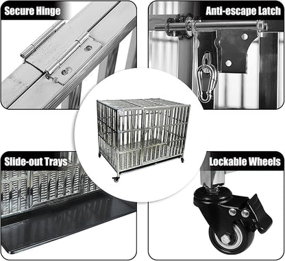 Confote 37/47 Inch Heavy Duty Dog Crate Metal Cage Kennel, High Anxiety Pet Cage with Lockable Wheels & Double Doors for Small Medium Large Dogs (SS-47)