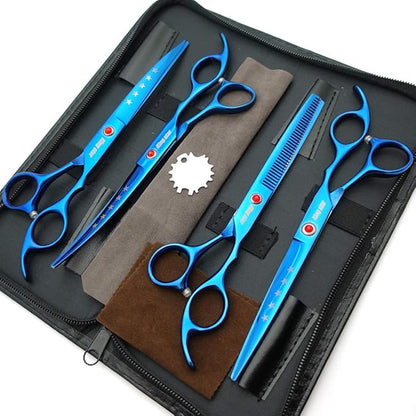 KINGSTAR 7.0in Titanium Blue Professional Pet Grooming Scissors Set,Straight & Thinning & Curved Scissors 4pcs Set for Dog Grooming,(Blue)
