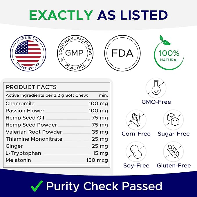 Advanced Calming Chews for Dogs - Hemp Treat + Melatonin + Valerian - Relaxing Bites - Calming Care - Anti-Anxiety & Stress Relief - Made in USA - Calm, Sleep Aid, Storms - 120Ct