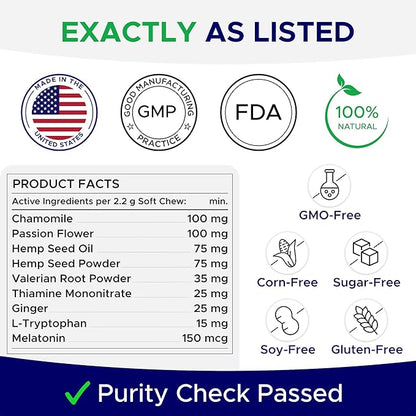 Advanced Calming Chews for Dogs - Hemp Treat + Melatonin + Valerian - Relaxing Bites - Calming Care - Anti-Anxiety & Stress Relief - Made in USA - Calm, Sleep Aid, Storms - 120Ct