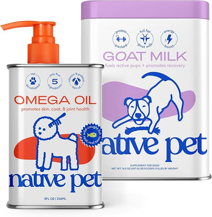 Native Pet Goat Milk Powder for Dogs (120 Scoops) & Omega 3 Fish Oil (8 Oz.) - Organic Goat Milk Great Dog Food Additive for a Healthy Digestive System & Omega 3 Fish Oil