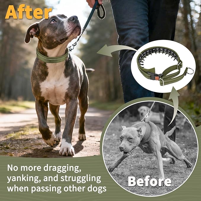 Mayerzon Martingale No Pull Collar for Medium Large Dogs German Shepherd Doberman Pitbull, Patented Anti Pull Correction Dog Collar for Walking Training, Reflective, Adjustable, Hidden(M, Army Green)