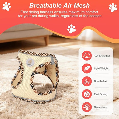 Hipubby Dog Harness Small Sized and Leash Set, No Pull Soft Mesh Puppy Vest, Reflective Breathable Lightweight Pet Harness, Harness for Small Medium Dogs and Cats - Khaki/Tirm, XXS