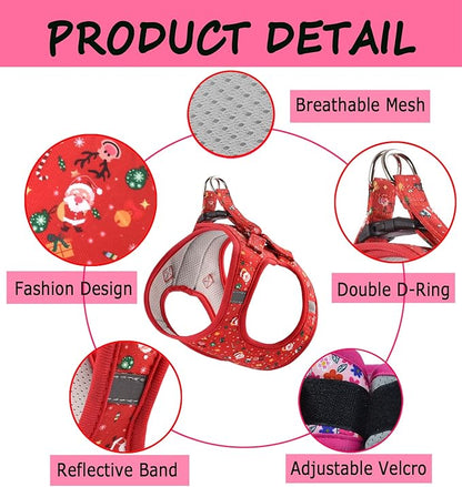 Moonpet Step in Christmas Xmas Day Dog Harness Leash Set- All Weather Reflective No-Pull Floral Pattern Padded Mesh Vest Harness for Cats Puppy Extra-Small Small Medium Large Dogs - XL