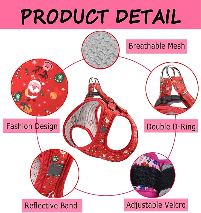 Moonpet Step in Christmas Xmas Day Dog Harness Leash Set- All Weather Reflective No-Pull Floral Pattern Padded Mesh Vest Harness for Cats Puppy Extra-Small Small Medium Large Dogs - XXS