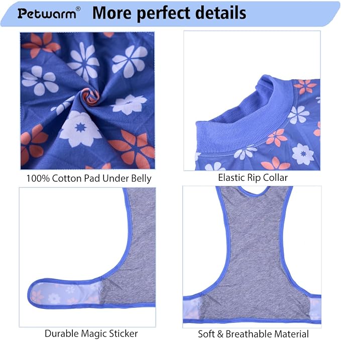 PetWarm Surgery Suit for Dogs, Dog Bodysuit for Abdominal Affected Areas Sensitive Skin Areas, Clothes for Dogs Abdominal Affected Areas Bandages Substitute E-Collar and Cone, Flower Pattern, Blue, S