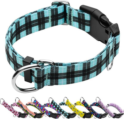 Martingale Collar for Dogs with Buckle No Pull Adjustable Nylon Limited Slip Training Dog Collars (Blue Plaid, Medium)