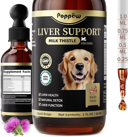 Milk Thistle for Dogs – 9-in-1 Liver and Kidney Support Drops with Artichoke, Resveratrol, Marigold Extract, 100% Natural Detox Supplement for Liver Function, Split Dropper, Bacon Flavor, 2Oz