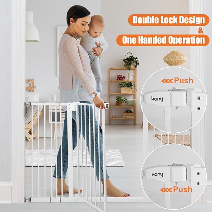 keny 29"-47.3" Extra Wide Baby Gate for Stairs, Auto Close Safety Dog Gate, Pressure Mounted No Drilling Pet Gate for Doorways, Easy Walk Through Stair Gate for Kids Todder, 30" Tall, White
