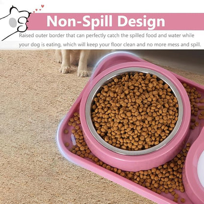 Dog Bowls, Non-Slip Puppy Cat Food and Water Bowl Set with Water Dispenser and Stainless Steel Bowl Detachable Gravity Pet Feeder and Waterer Set for Cats Dogs Puppy Rabbit (Pink, 500ML)