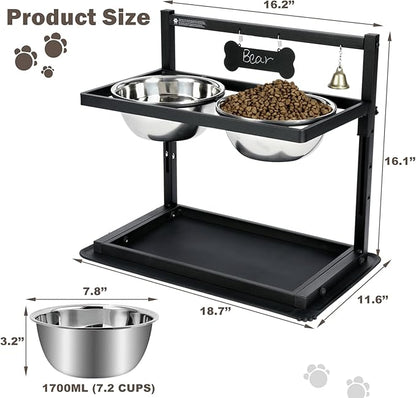Elevated Dog Bowls with Slow Feeder for Large and Medium Dogs, Adjustable Height Raised Dog Bowl Stand with 2 Stainless Steel Bowls and Spill-Proof Mat, Dog Feeder for Healthy Eating (Grey)