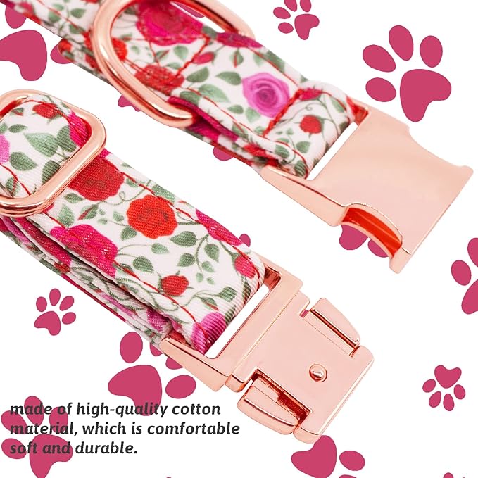 Dog Collar and Leash Set Girls Adjustable Puppy Collars with Floral Bow Tie for Small Medium Large Female Dogs, Red Rose, XS