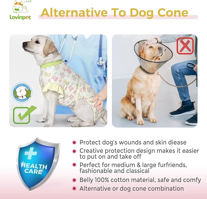 LovinPet Dog Recovery Suit - Medium Large - Professional Large Dog Recovery Suit Abdominal Wound Surgical Clothes Post-Operative Vest E-Collar Alternative Recovery,Hippo,Yellow,L