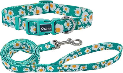 Dog Collar and Leash Set, Cute Daisy Pattern, Polyester Material, 5ft Leash, for Large Dogs.(Large,Green Daisy)