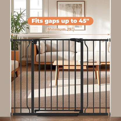 29"-45" Baby Gate for Stairs, Auto Close Stroller Friendly Dog Gate Indoor for Doorways, Pressure Mounted Baby Gate, Easy Walk Through Gate for Children & Pets, Black