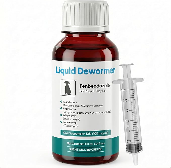 Dewormer for Dogs & Cats Liquid Fenbendazole 10% - Broad Spectrum Suspension - Removes Roundworm, Hookworm, Whipworms, Tapeworm - Easy to Mix with Food, Includes 3ml Dosing Syringe (100ml)