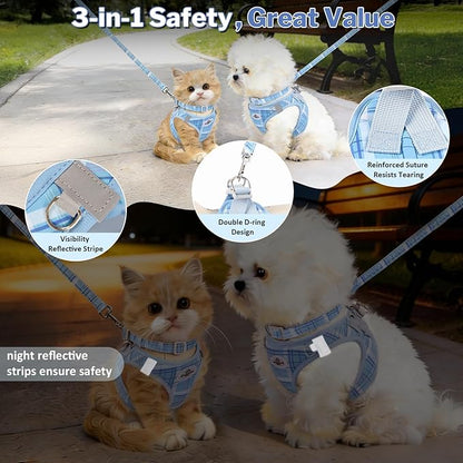 Gyuzh No Pull Dog Harness - 3-in-1 Step in Harness Collar Leash Set for Small Dog Walking & Training, Easy Walk Style, Lightweight Plaid Vest (Blue, M)
