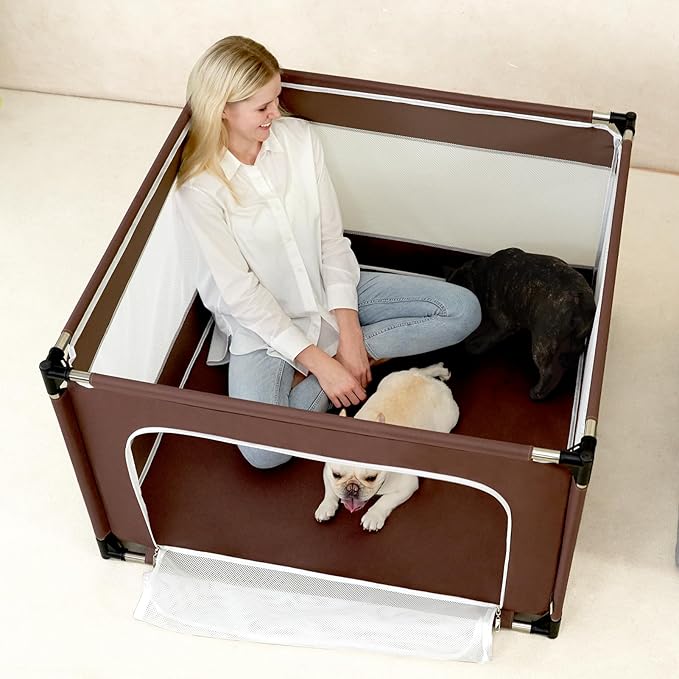 EHEYCIGA 42x42x26 Inches Puppy Playpen Without Top Cover for Dogs & Cats Indoor or Outdoor - Dog Playpen with Door, Dog Fence for Small Animal with Heavy-Duty Oxford & Steel Frame, Brown