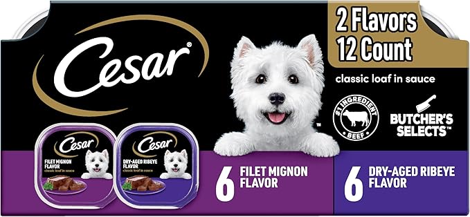 Cesar Wet Dog Food Classic Loaf in Sauce Butcher's Selects Variety Pack, Dry-Aged Ribeye Flavor and Filet Mignon Flavor, 3.5 oz. Easy Peel Trays, Variety Pack, 12 Count