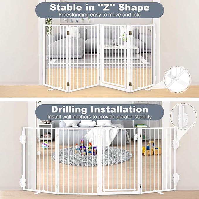Metal Freestanding Dog Gates with Door for Outdoor Indoor,80'' Extra Wide 32'' Tall Free Standing Dog Gate for Doorways,Large Openings,Deck,Yard,Porch,Foldable Pet Fence(White,4 Panels)